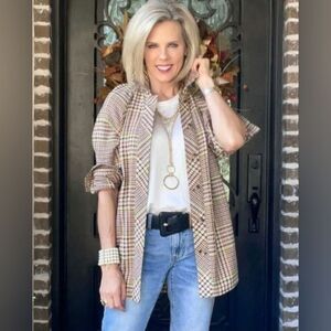 Cabi 4298 Brown Houndstooth Yorkshire Shacket SMALL Plaid Jacket Shirt Riding